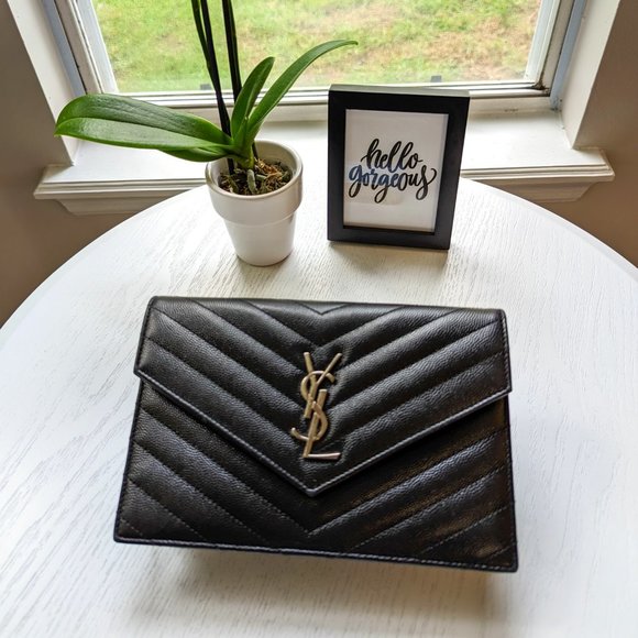 Saint Laurent Handbags - SAINT LAURENT Monogram Quilted Black Leather Chain Wallet Silver Hardware